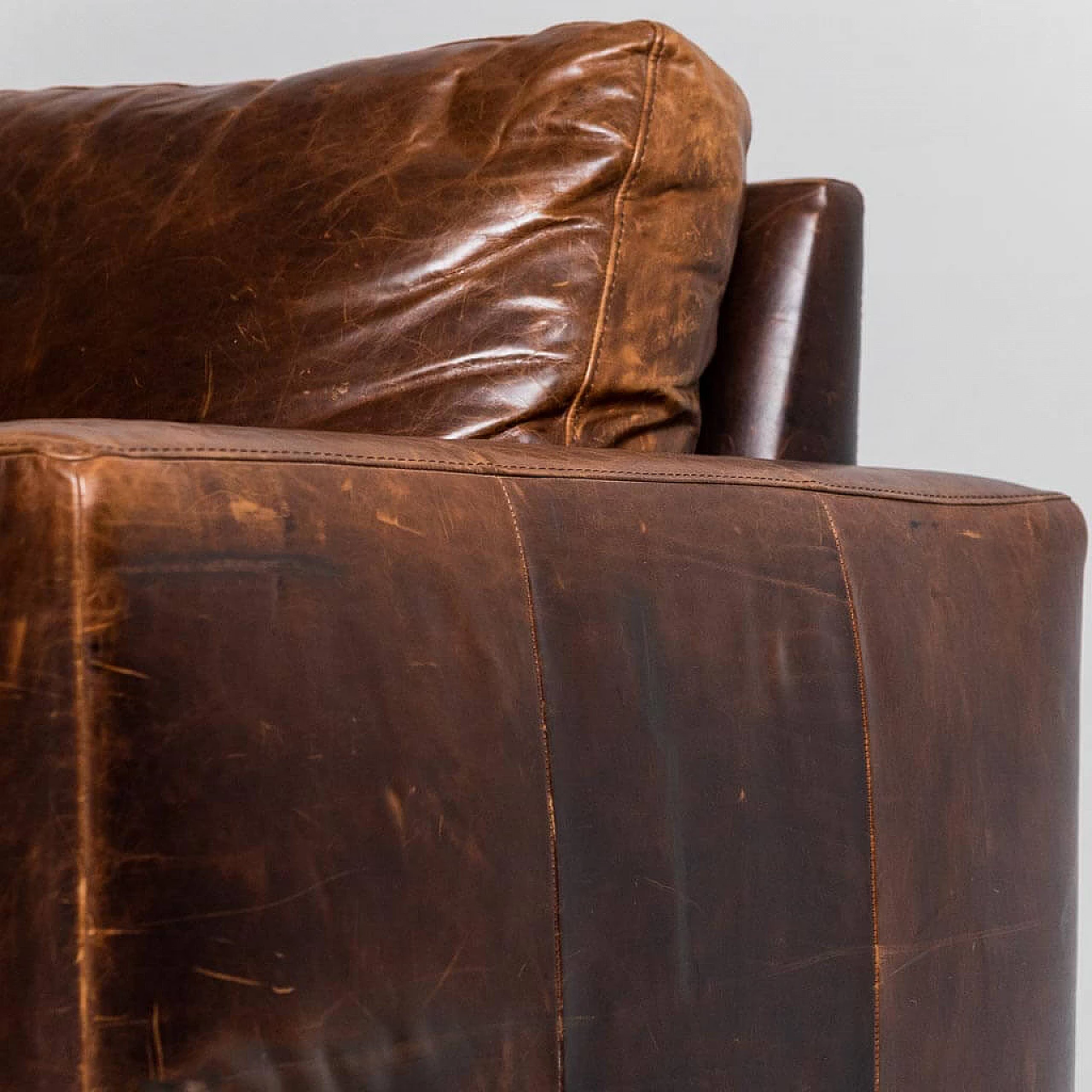 Wood and brown hide armchair, 1990s 6