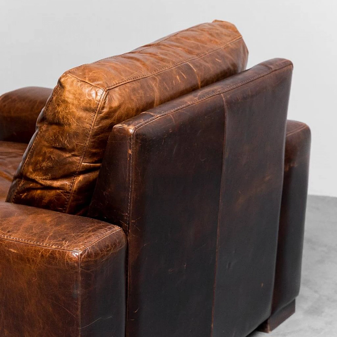 Wood and brown hide armchair, 1990s 9