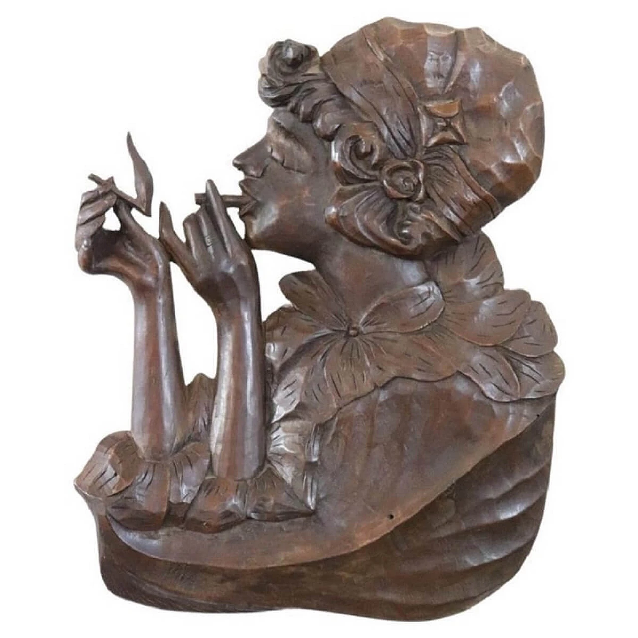 Art Nouveau walnut woman with cigarette bas-relief, early 20th century 1