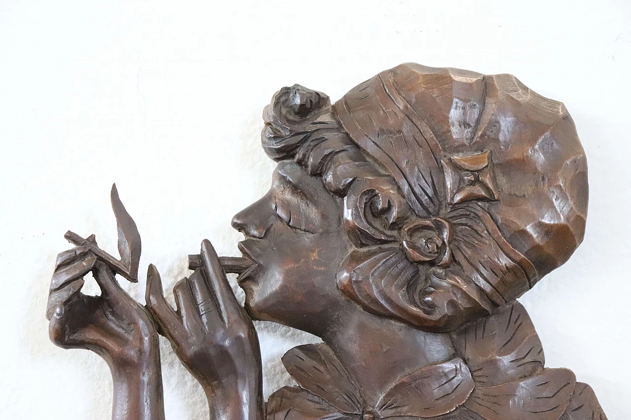 Art Nouveau walnut woman with cigarette bas-relief, early 20th century 4
