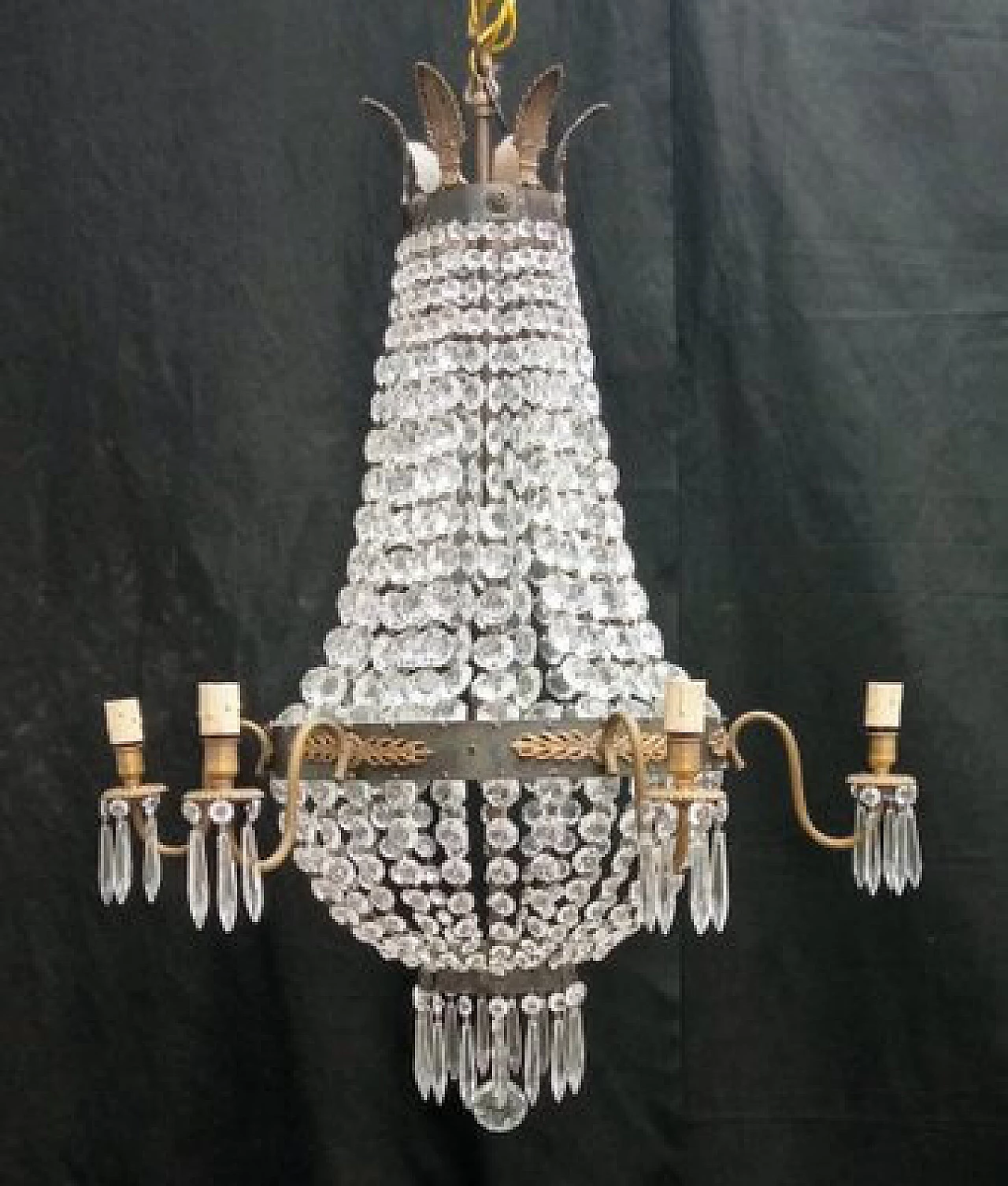 Lampadario in ottone brunito e vetro, anni '50 1