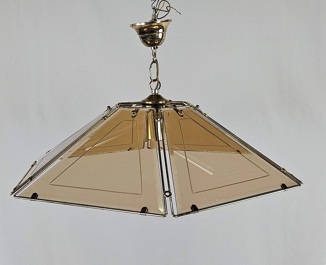 Smoked glass and brass chandelier, 1970s 1