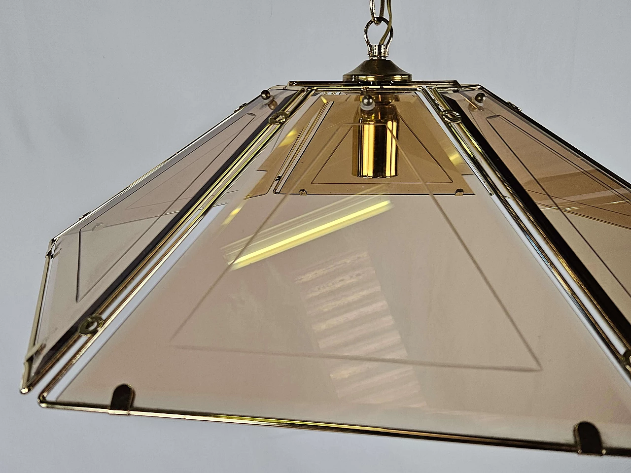 Smoked glass and brass chandelier, 1970s 2