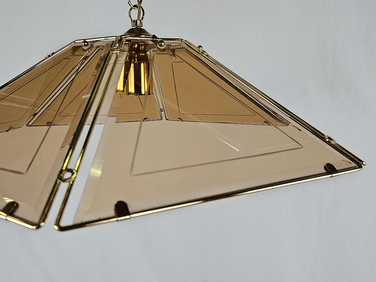 Smoked glass and brass chandelier, 1970s 3