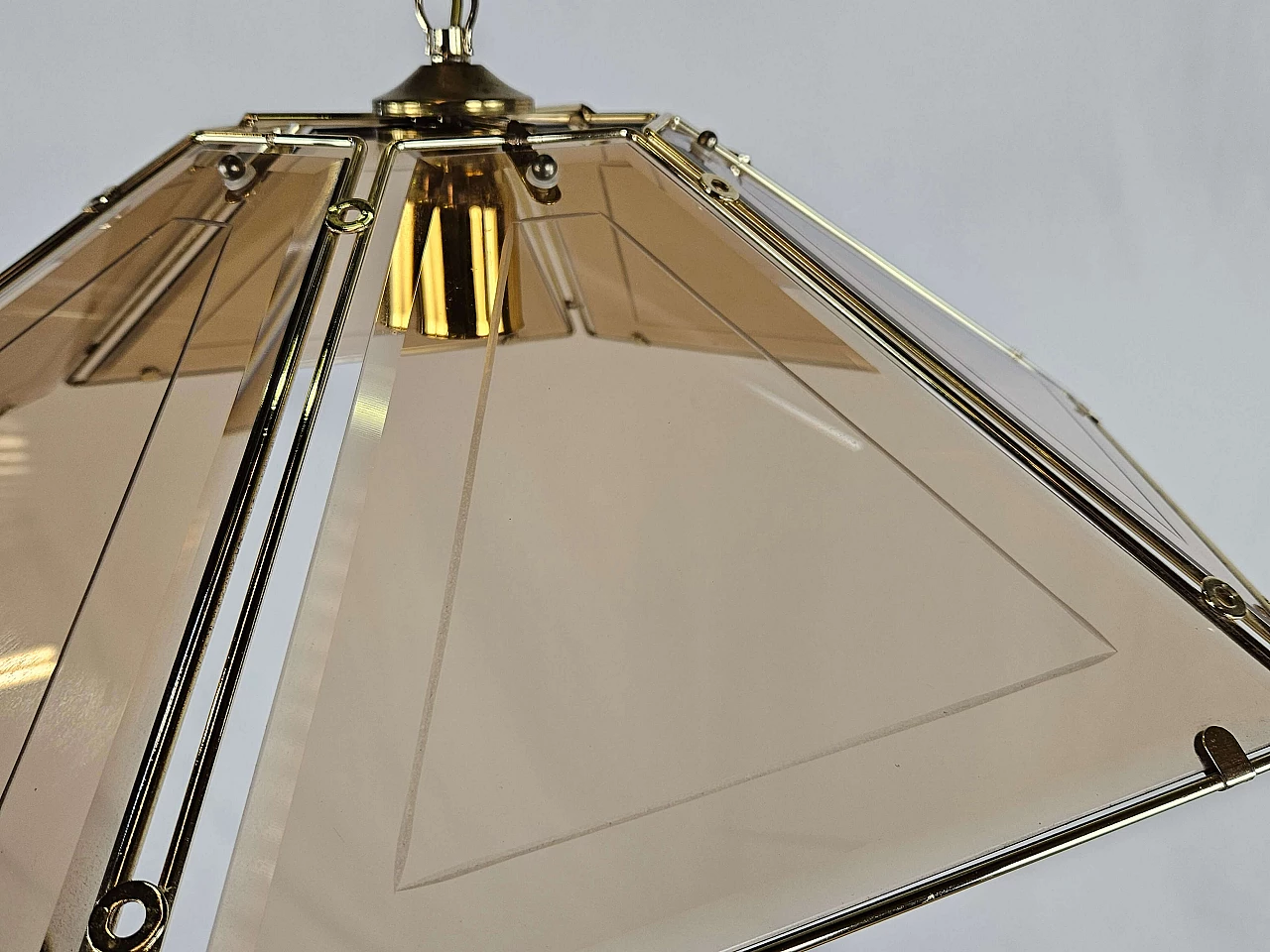 Smoked glass and brass chandelier, 1970s 4
