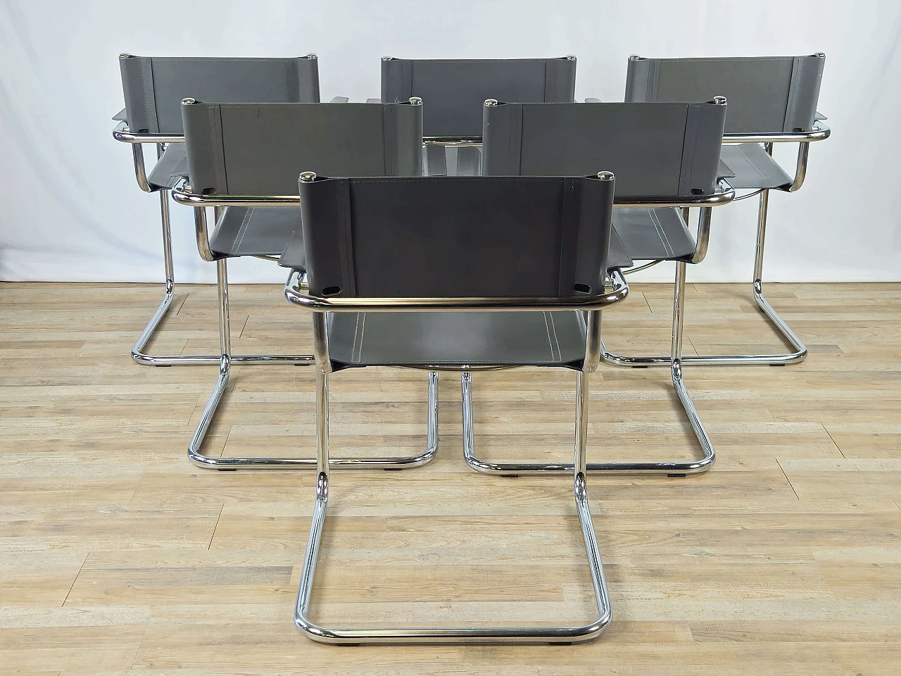 6 Poltrone stile Bauhaus in acciaio tubolare e pelle grigia, anni '70 4