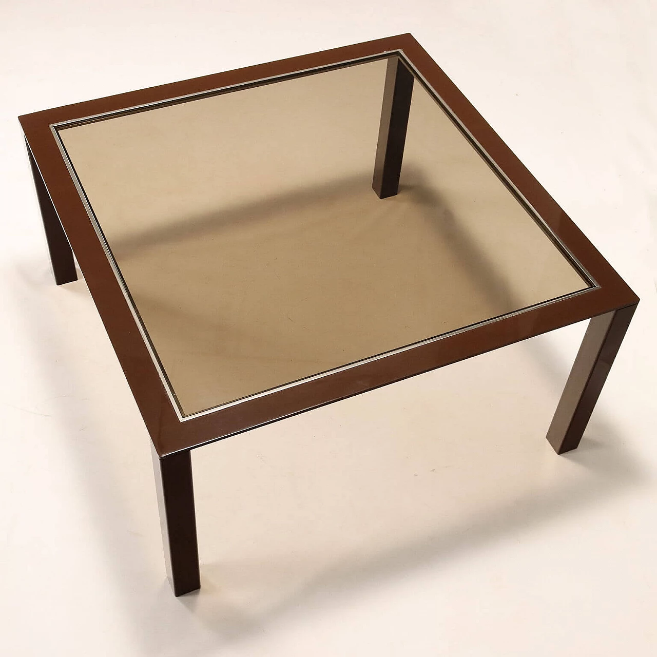 Square enameled metal and smoked glass table, 1980s 3