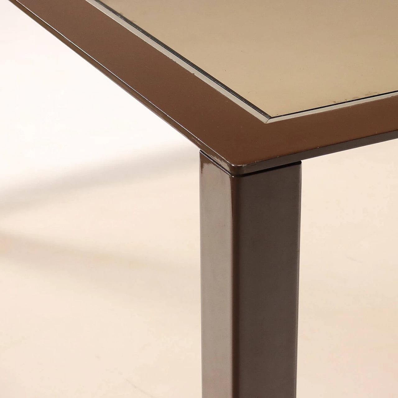 Square enameled metal and smoked glass table, 1980s 4