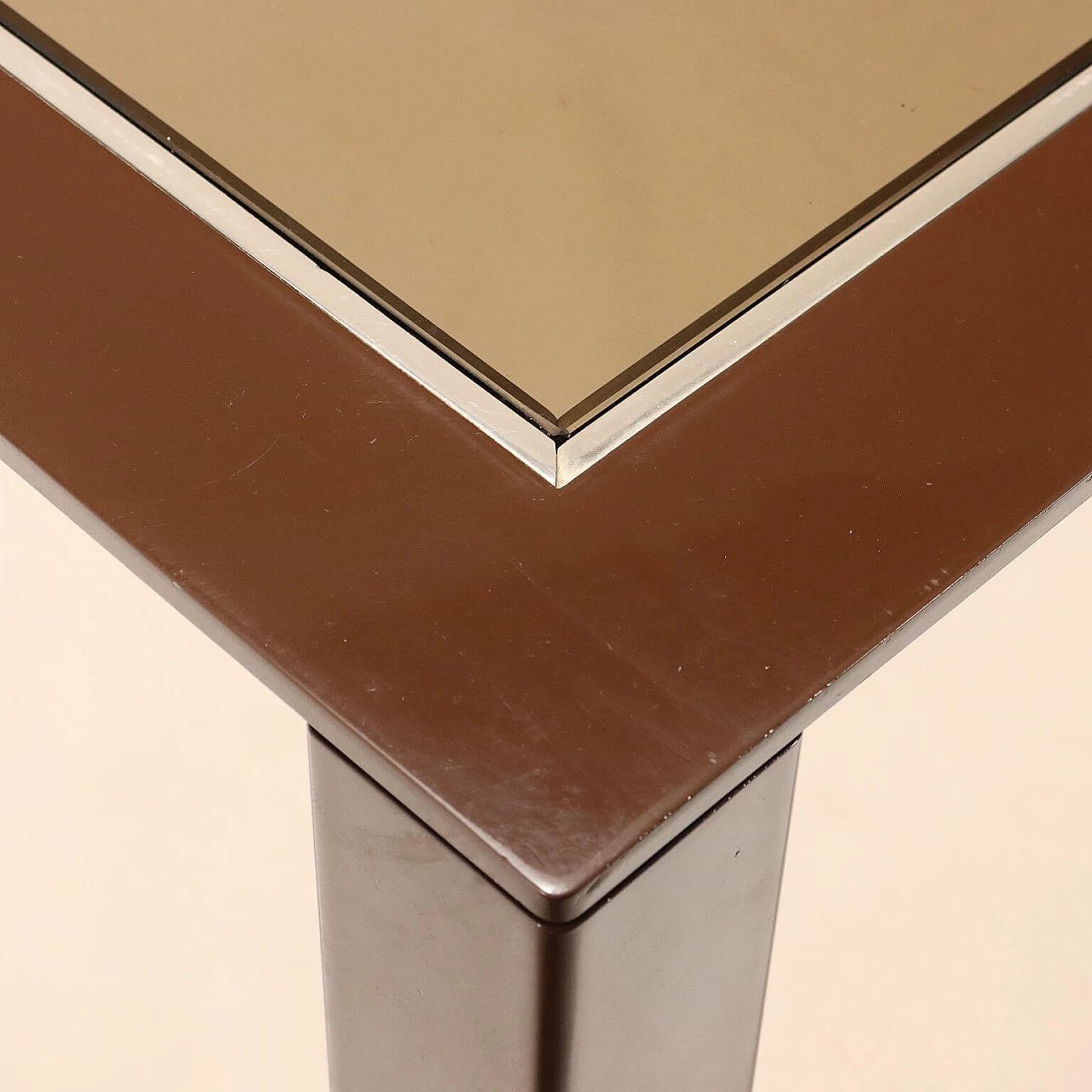 Square enameled metal and smoked glass table, 1980s 5