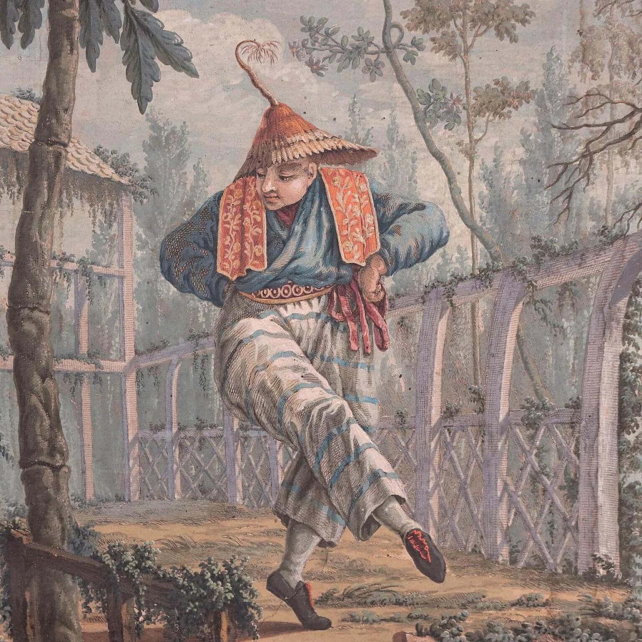 Uomo cinese che balla, acquaforte colorata a tempera, '700 3