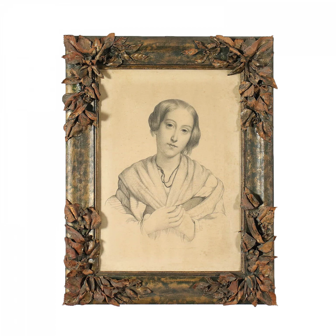 Young woman portrait, pencil drawing on paper, 19th century 1