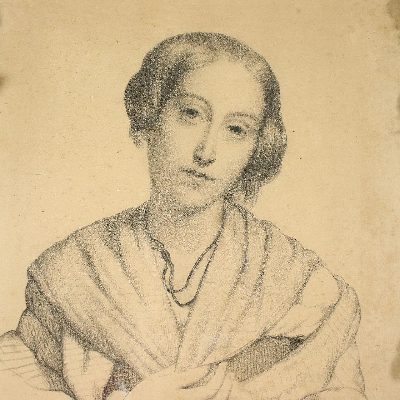 Young woman portrait, pencil drawing on paper, 19th century 3