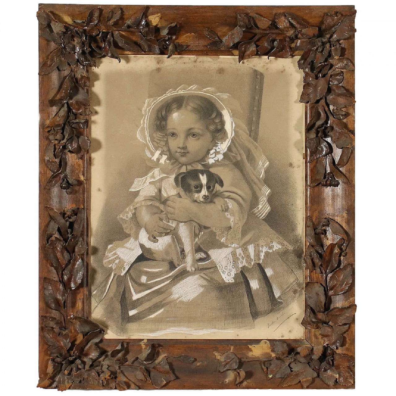 Little girl portrait with puppy, mixed media drawing on paper, 19th century 1