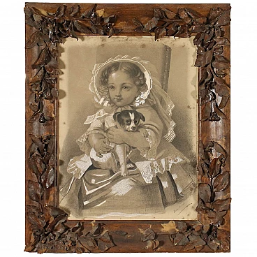 Little girl portrait with puppy, mixed media drawing on paper, 19th century