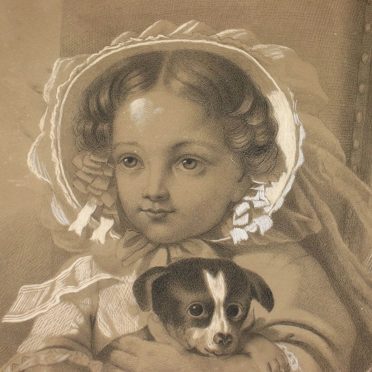 Little girl portrait with puppy, mixed media drawing on paper, 19th century 3