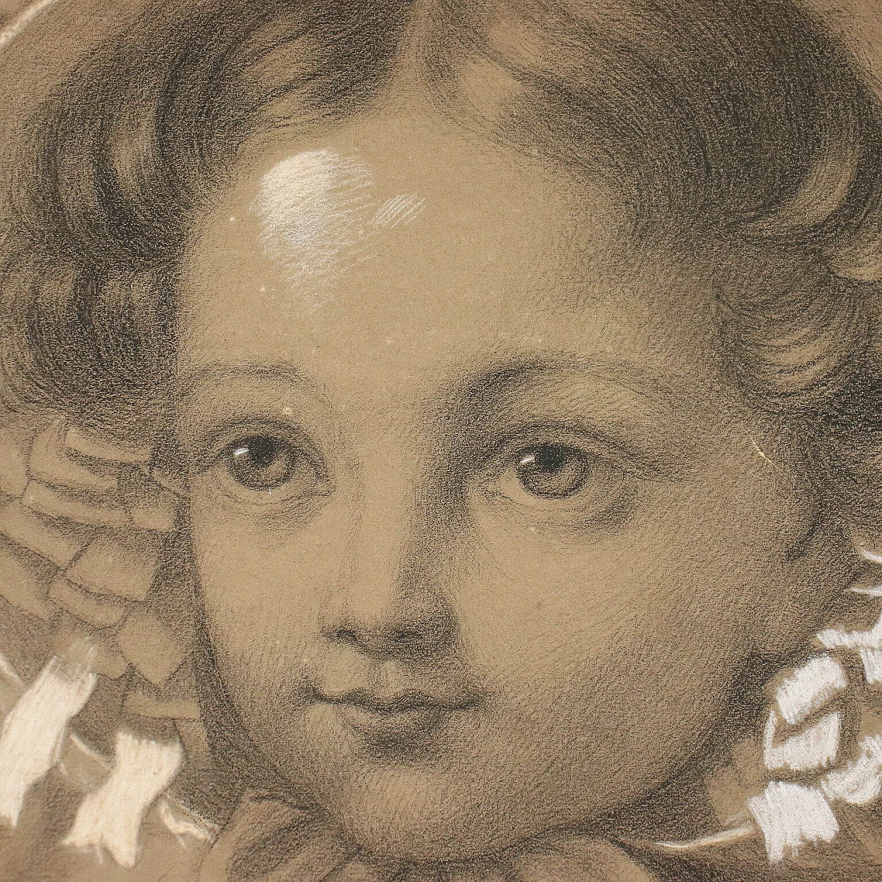 Little girl portrait with puppy, mixed media drawing on paper, 19th century 4