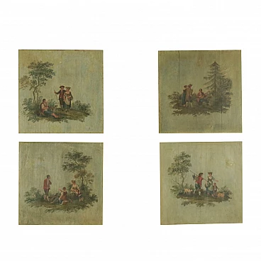 4 Pannelli lignei dipinti a olio con scene pastorali, '800