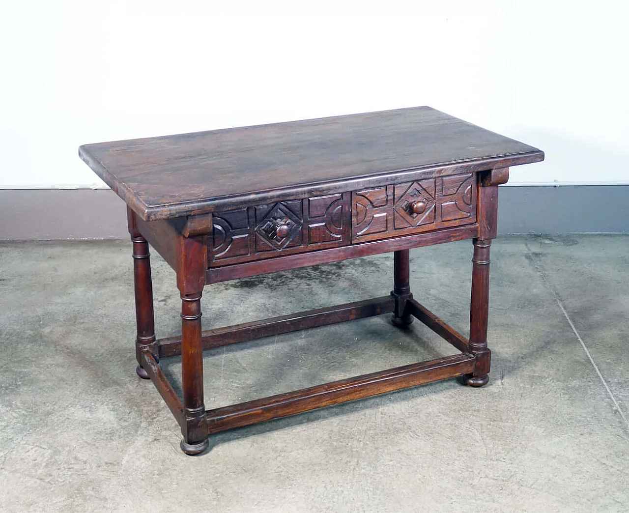 Solid walnut table with two front drawers, 19th century 3