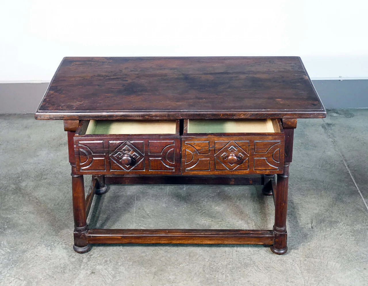 Solid walnut table with two front drawers, 19th century 5