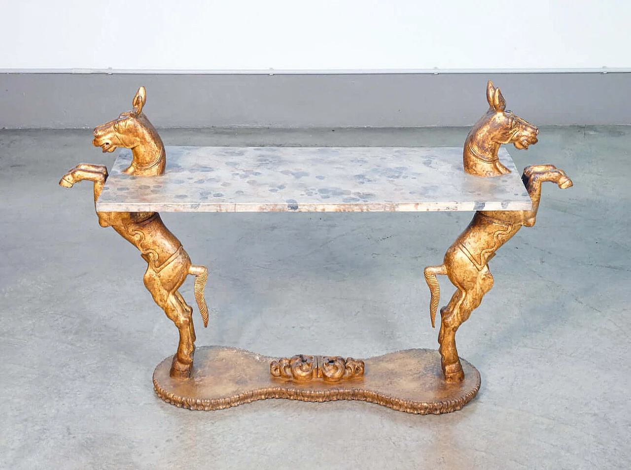 Painted wooden console table with sculptures of prancing horses, late 19th century 1