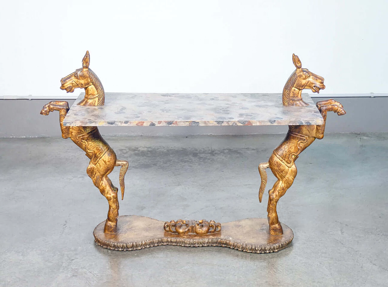 Consolle in legno dipinto con sculture di cavalli rampanti, fine '800 2