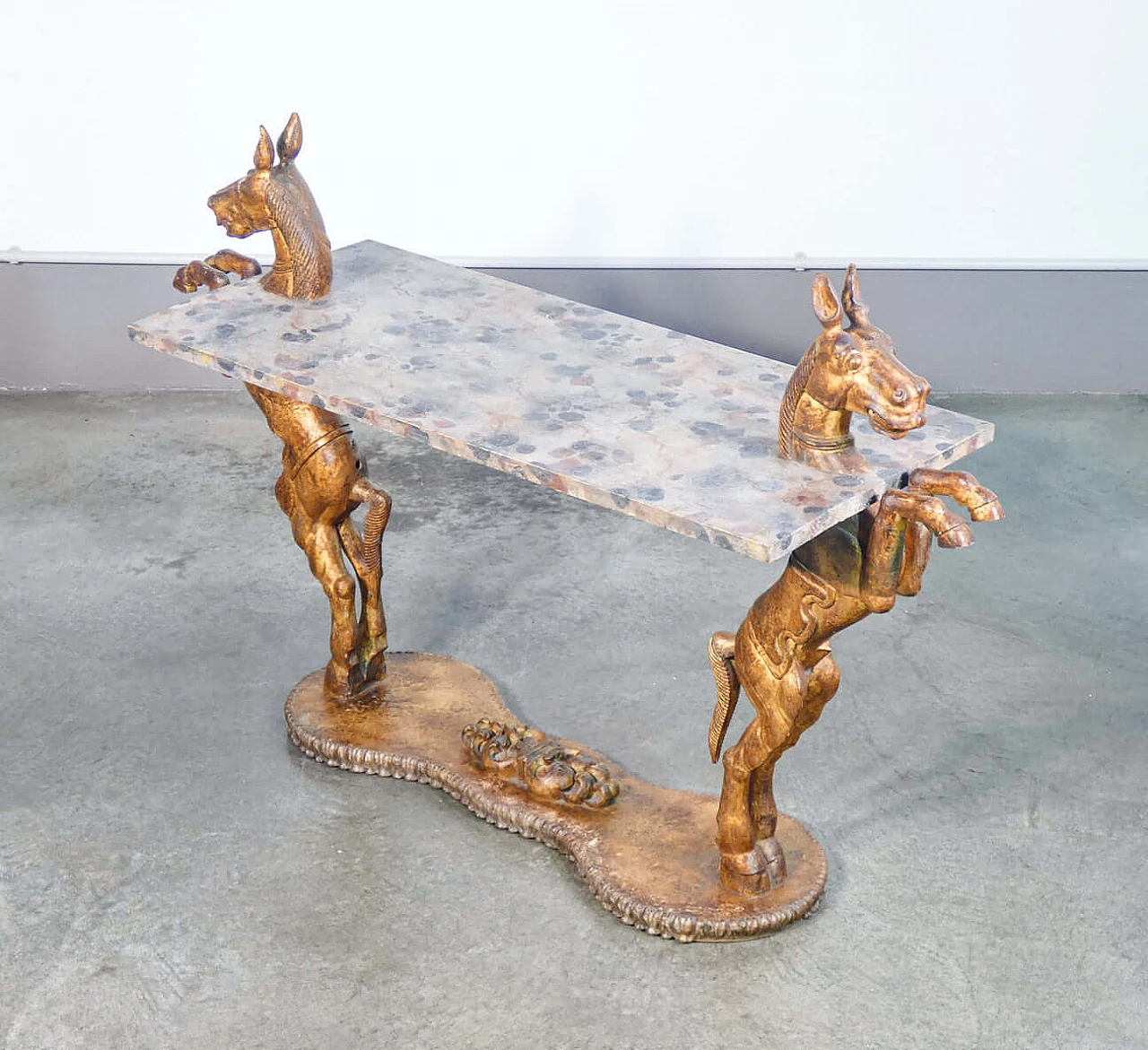 Painted wooden console table with sculptures of prancing horses, late 19th century 3