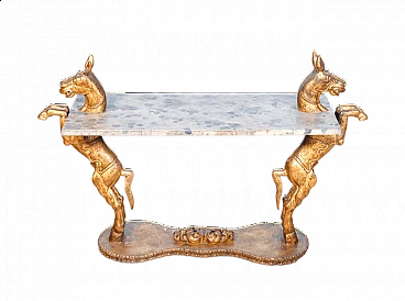 Painted wooden console table with sculptures of prancing horses, late 19th century