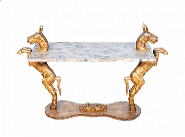 Consolle in legno dipinto con sculture di cavalli rampanti, fine '800