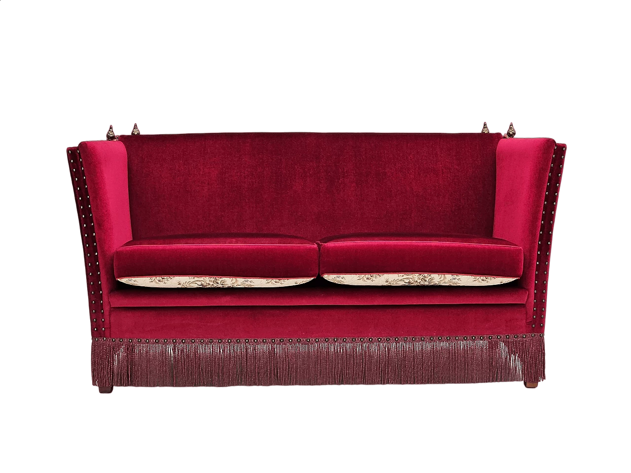 Danish two-seater sofa in cherry red velvet, 1960s 16