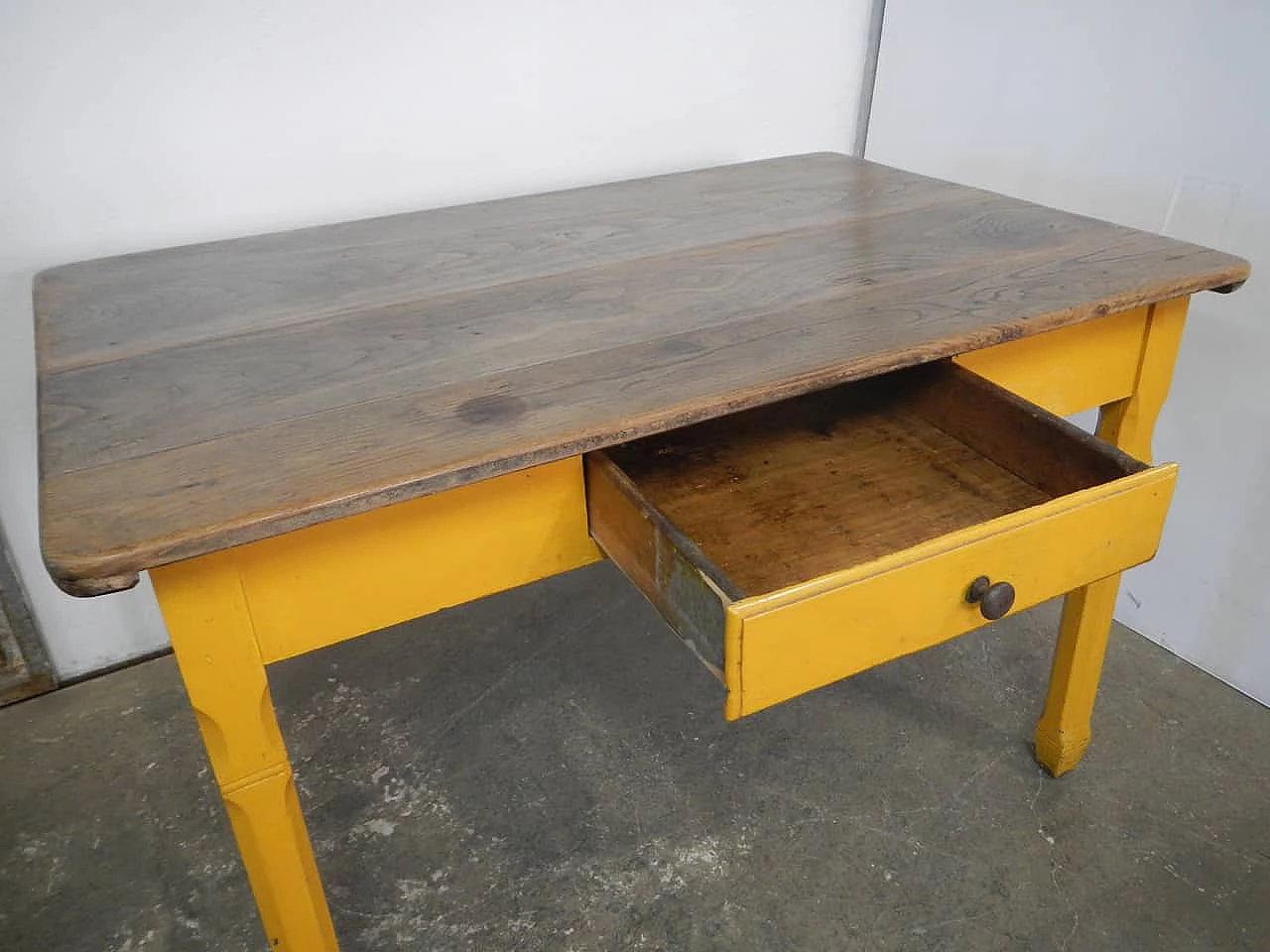 Yellow varnished spruce table with chestnut top, 1960s 5