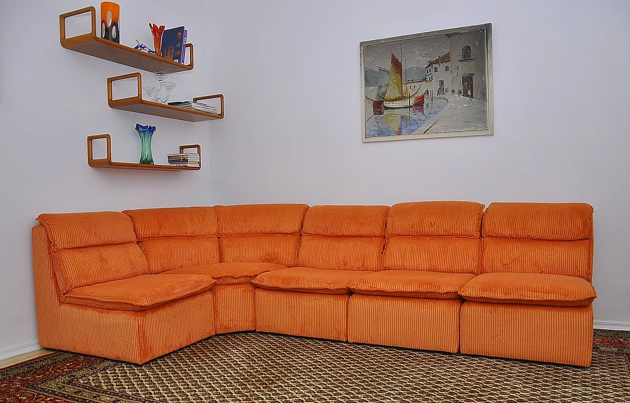 Orange corduroy modular corner sofa, 1970s 1