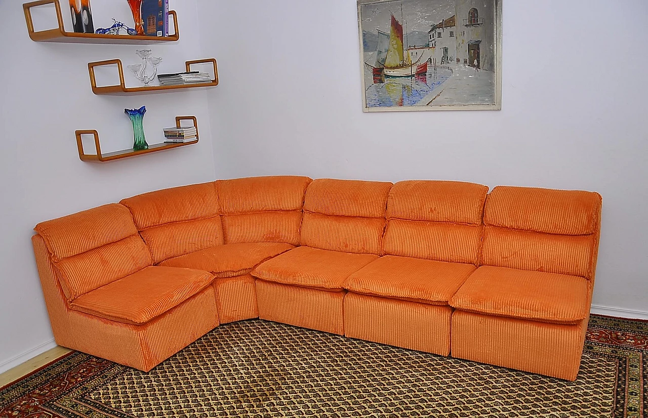 Orange corduroy modular corner sofa, 1970s 2