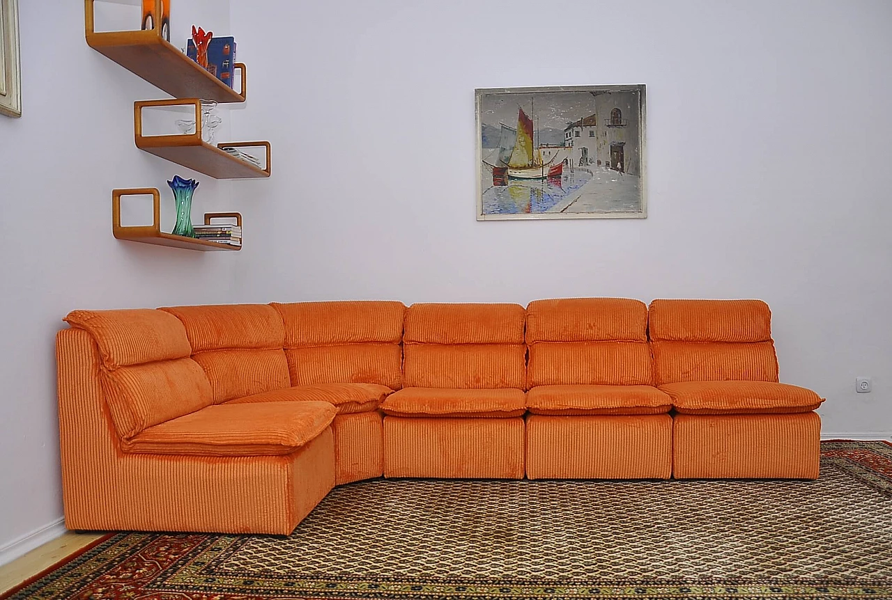Orange corduroy modular corner sofa, 1970s 3