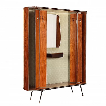 Wood, skai and metal coat rack with mirror and revolving columns, 1960s