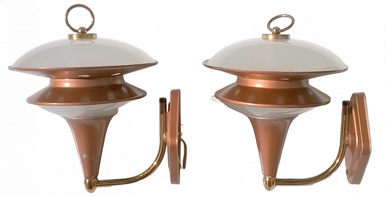Pair of two frosted glass disc wall lights with metal frame, 1960s 6