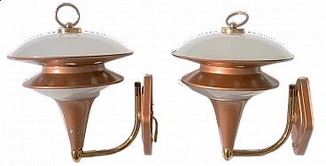 Pair of two frosted glass disc wall lights with metal frame, 1960s