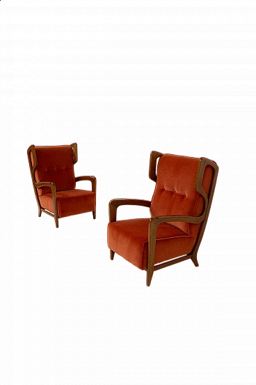Pair of wood and velvet armchairs by Orlando Orlandi, 1950s