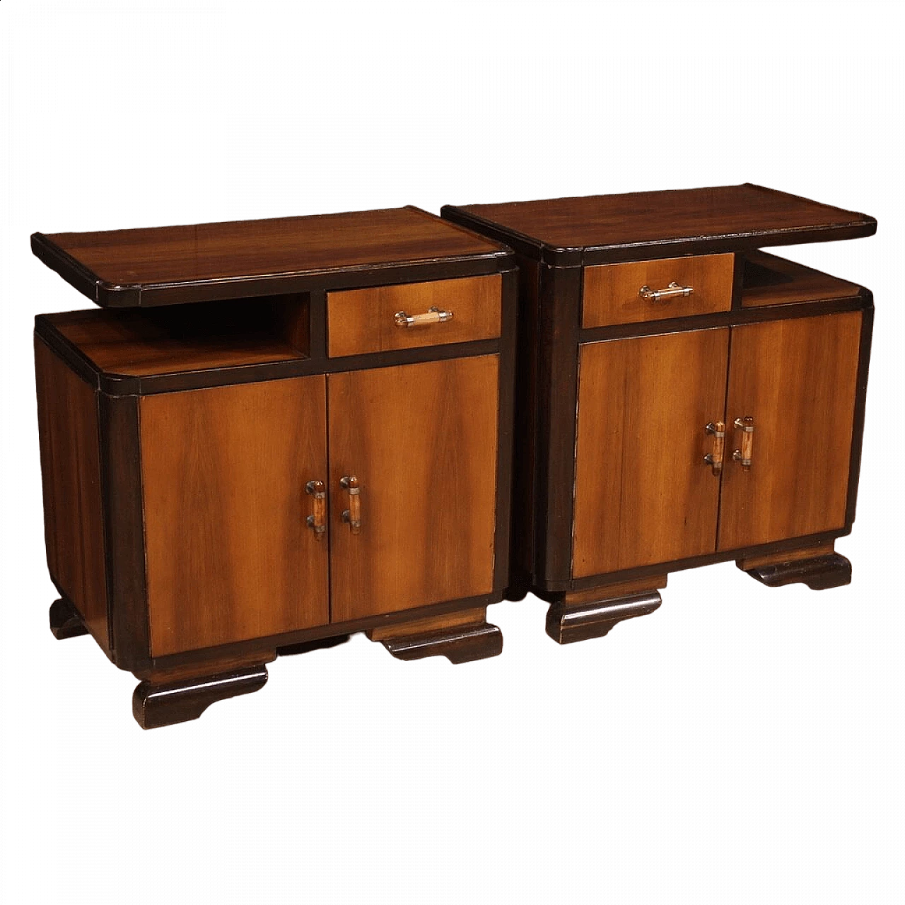 Pair of Art Deco walnut, mahogany and fruit wood bedside tables, 1950s 13