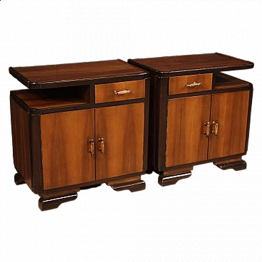 Pair of Art Deco walnut, mahogany and fruit wood bedside tables, 1950s