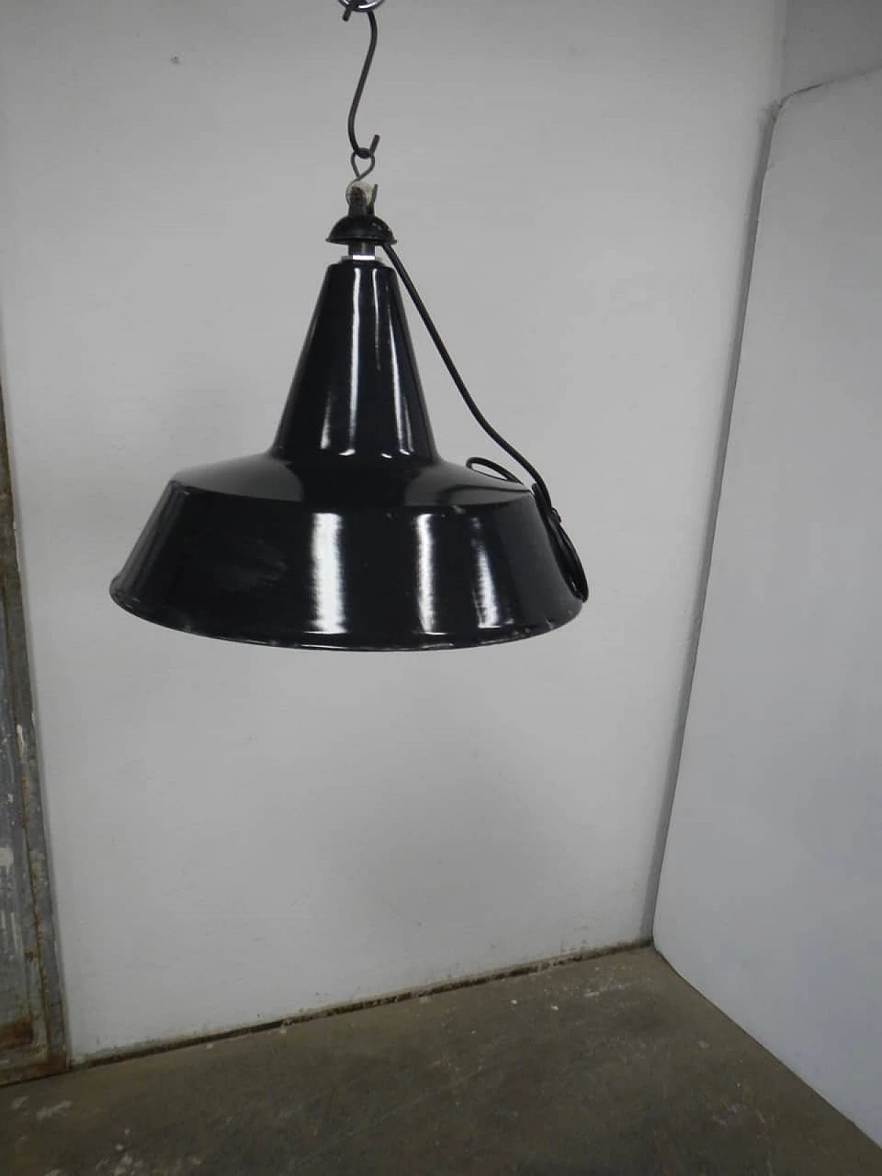 Industrial black and white metal hanging lamp, 1950s 2