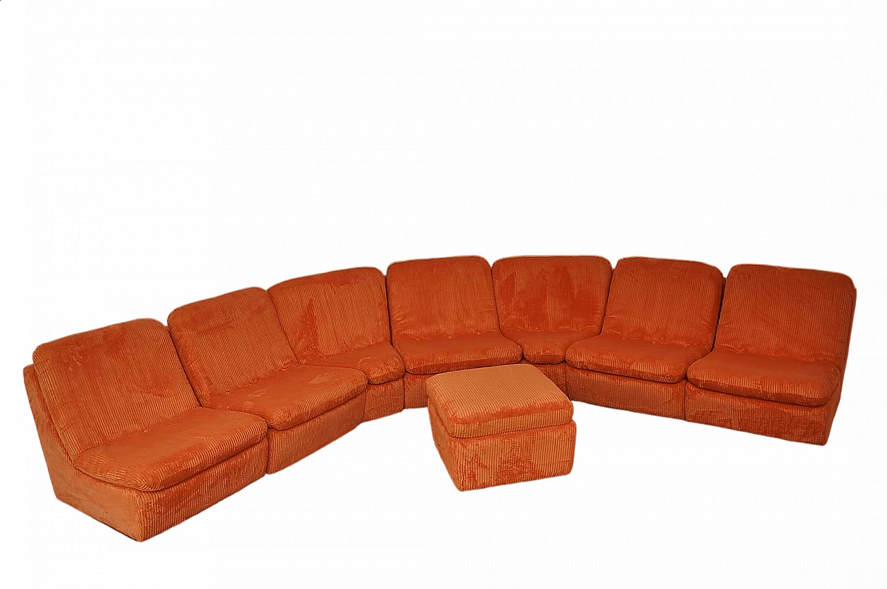 Orange corduroy modular sofa with pouf, 1970s 11