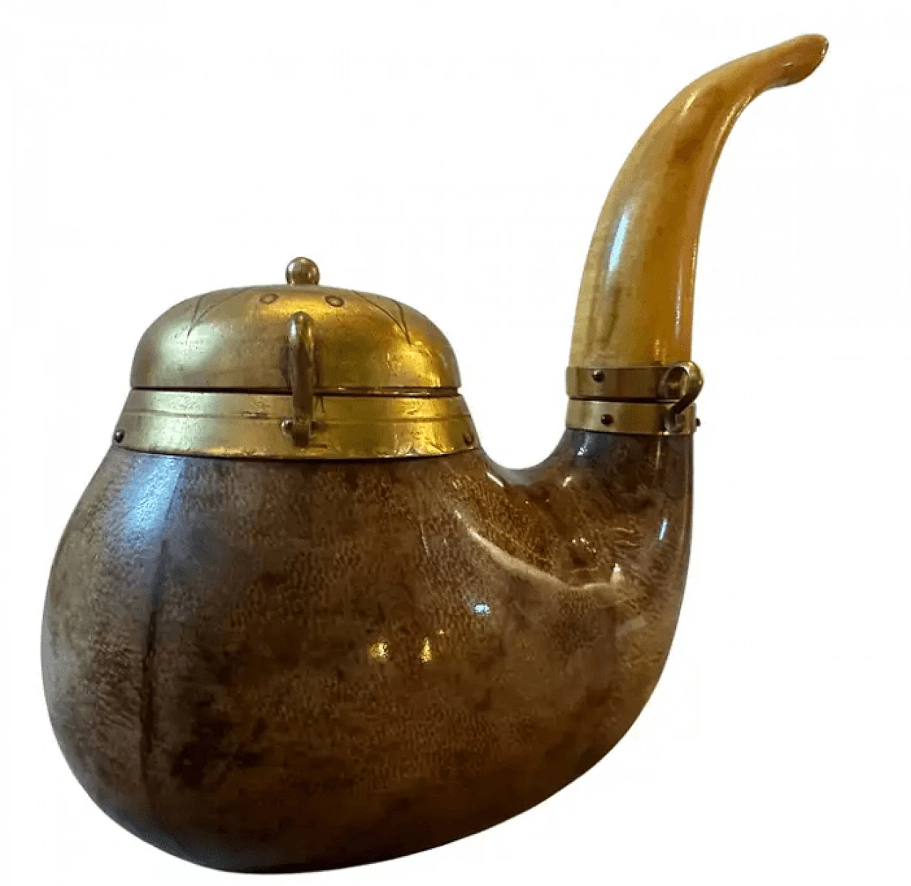 Pipe-shaped tobacco box in goatskin and brass by Aldo Tura, 1950s 1