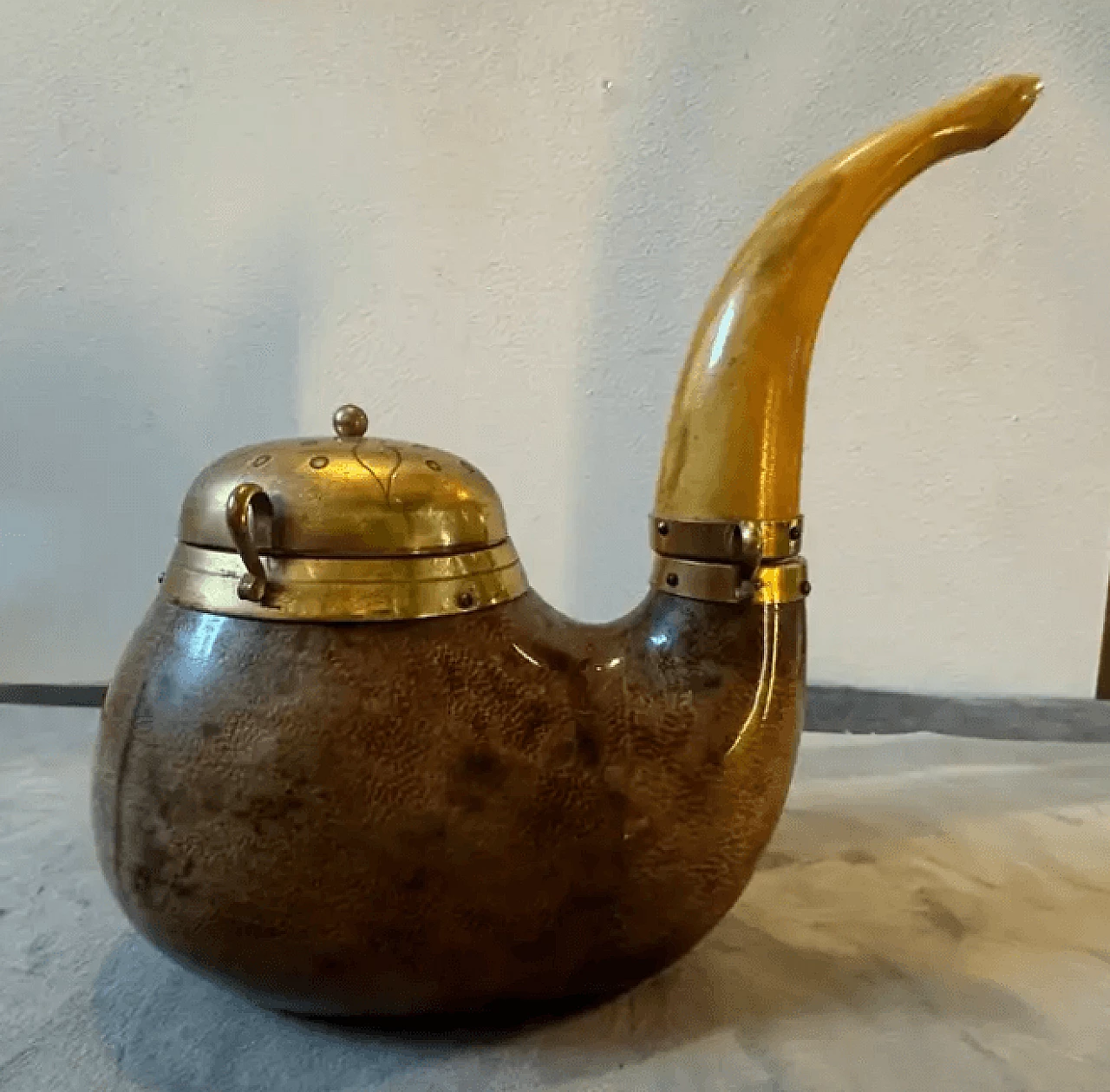 Pipe-shaped tobacco box in goatskin and brass by Aldo Tura, 1950s 2