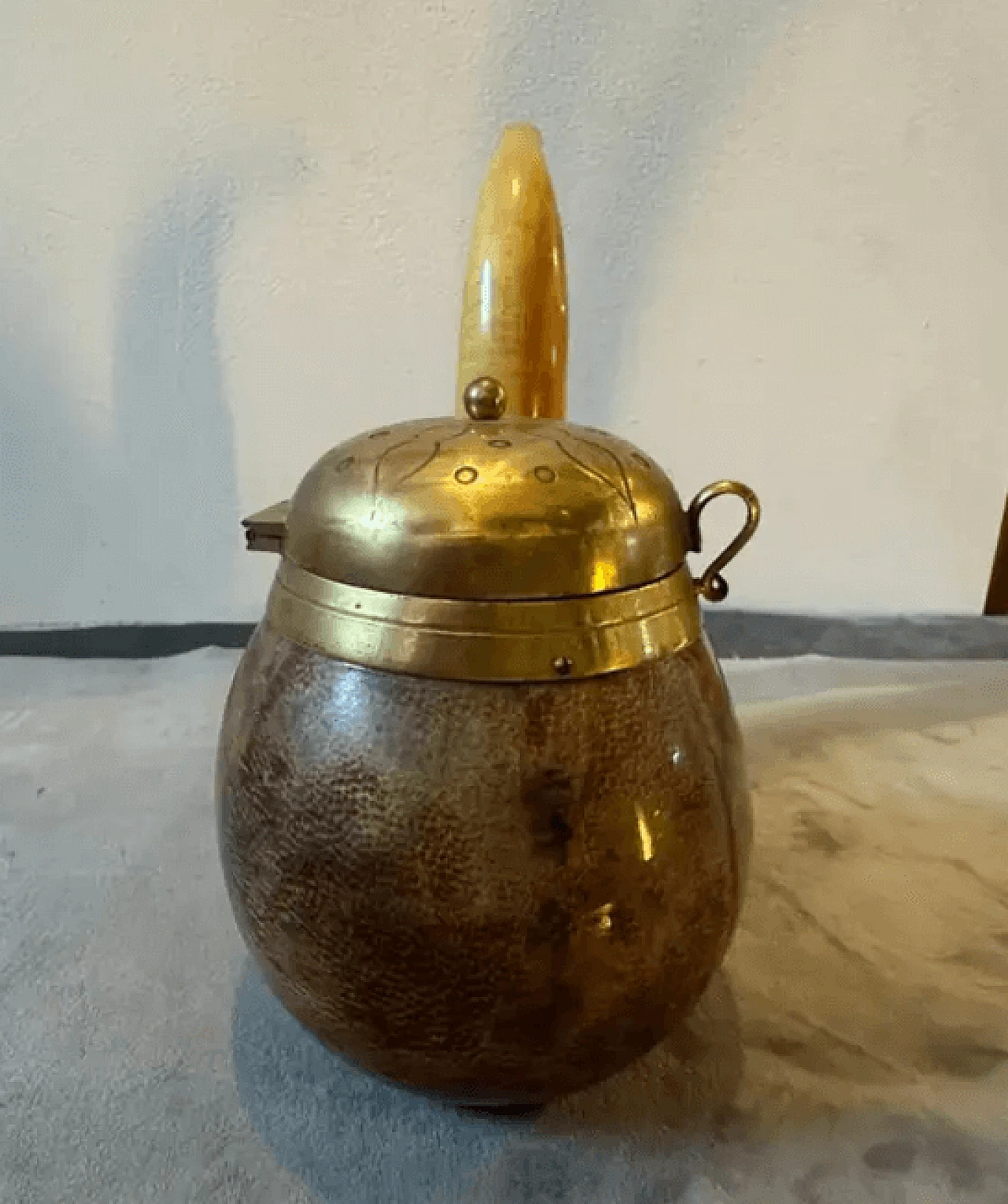 Pipe-shaped tobacco box in goatskin and brass by Aldo Tura, 1950s 3