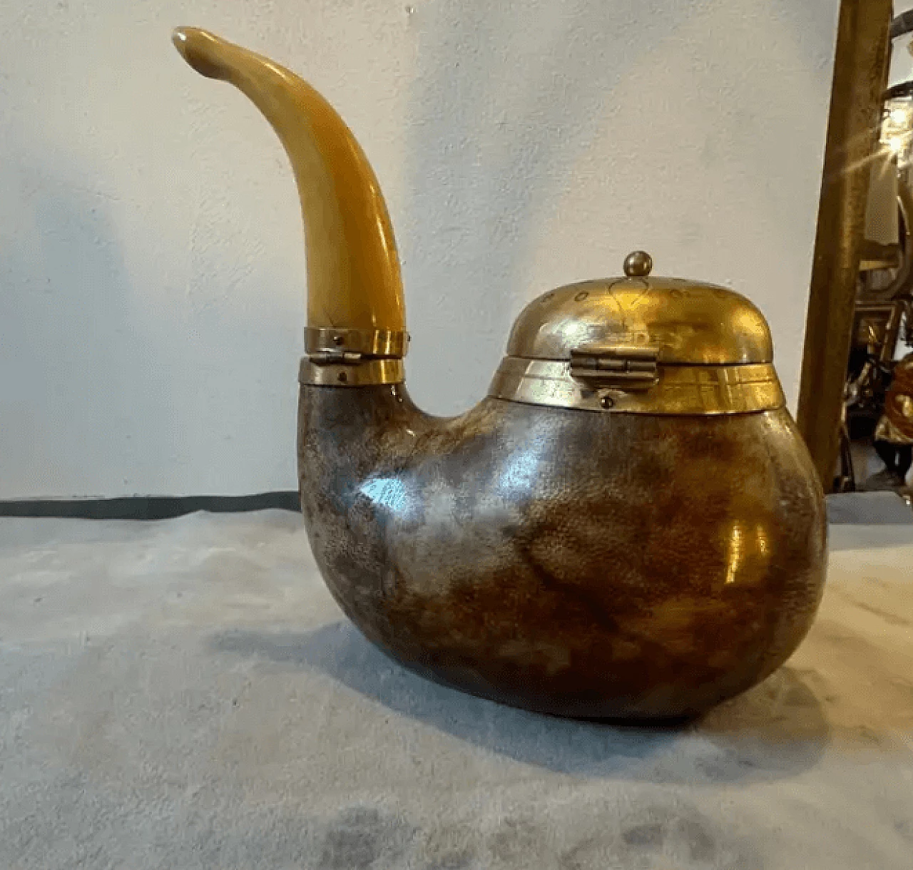 Pipe-shaped tobacco box in goatskin and brass by Aldo Tura, 1950s 4