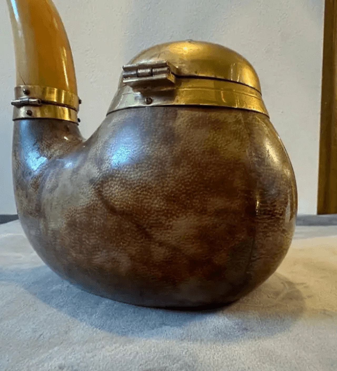 Pipe-shaped tobacco box in goatskin and brass by Aldo Tura, 1950s 6