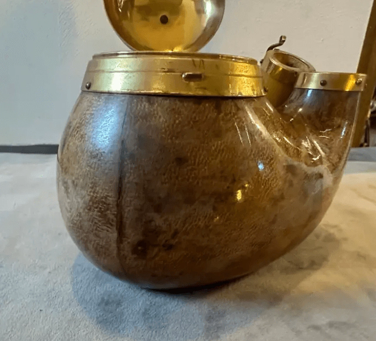 Pipe-shaped tobacco box in goatskin and brass by Aldo Tura, 1950s 8