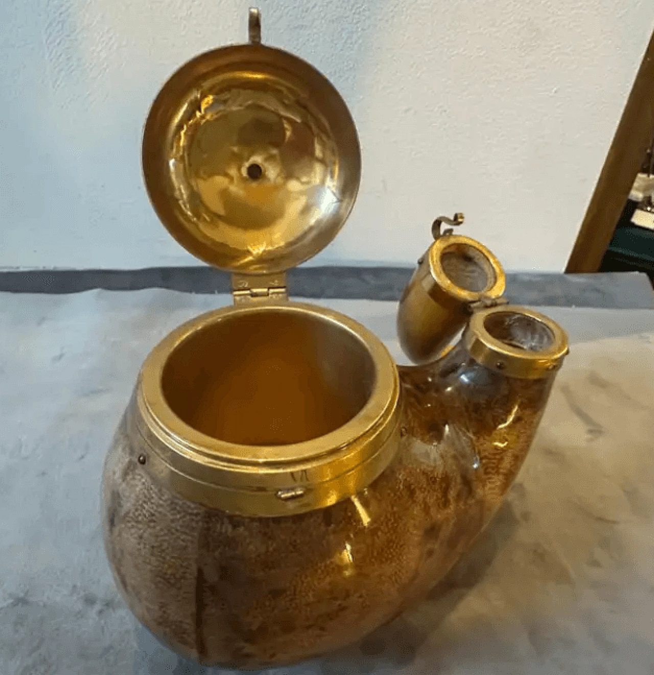 Pipe-shaped tobacco box in goatskin and brass by Aldo Tura, 1950s 9