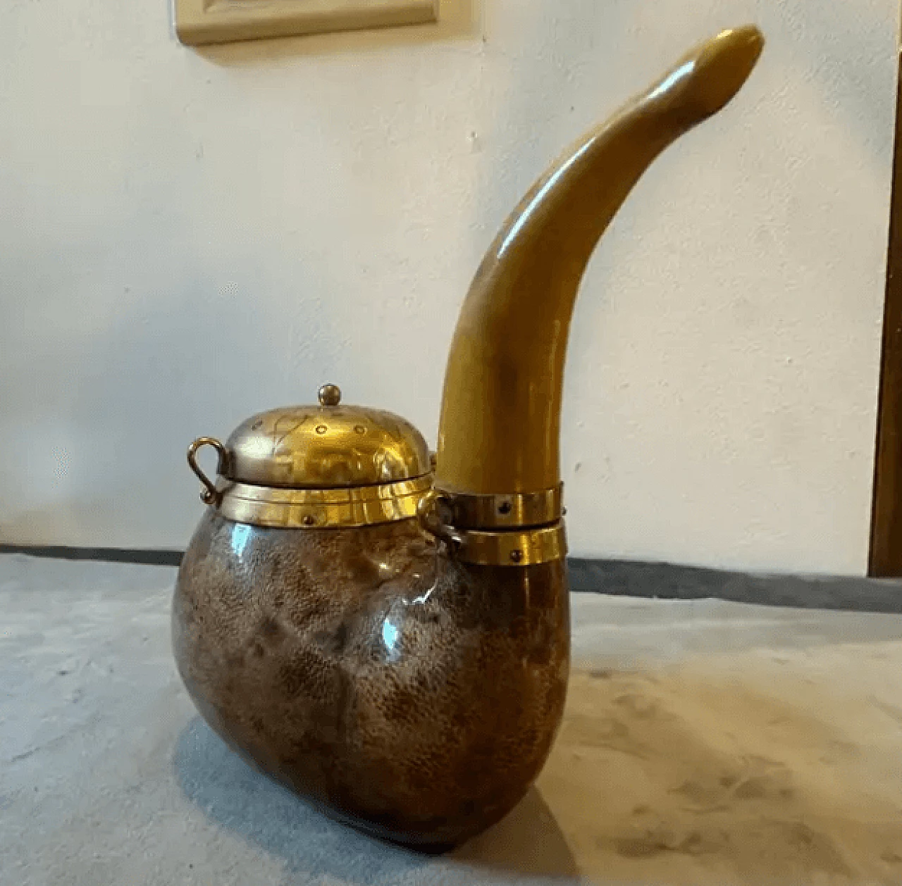 Pipe-shaped tobacco box in goatskin and brass by Aldo Tura, 1950s 10