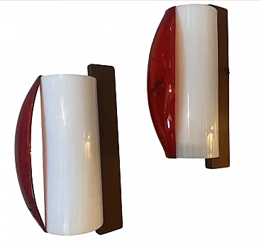 Pair of wood and plexiglass wall lamps by Stilux, mid-20th century